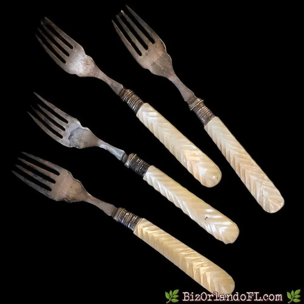 Antique Mother of Pearl Fish Set 4 Knives 4 Forks Chevron Carved Silverplate 8pc